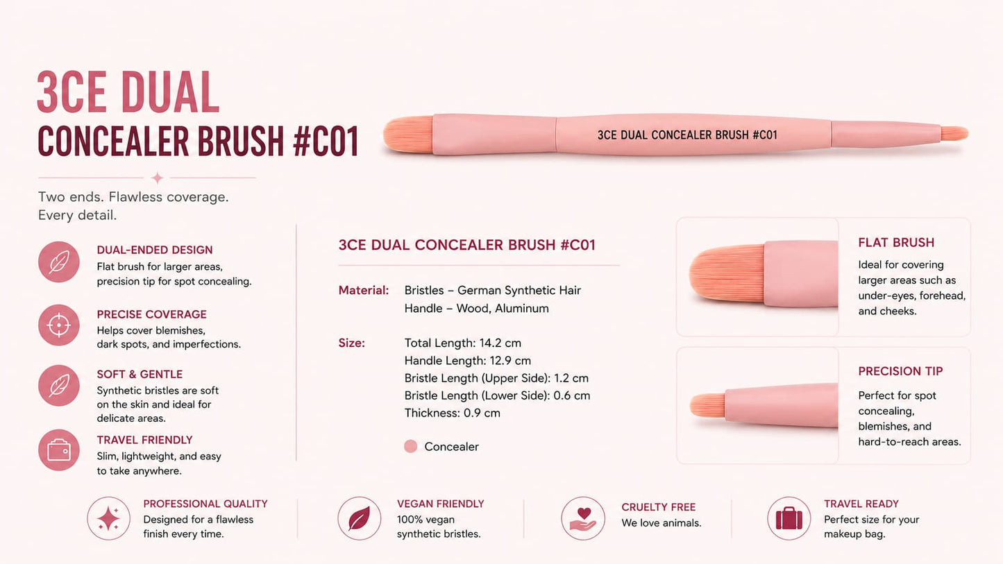3CE Dual Concealer Brush #C01 β Professional Double-Ended Concealer and eyeliner Makeup Brush