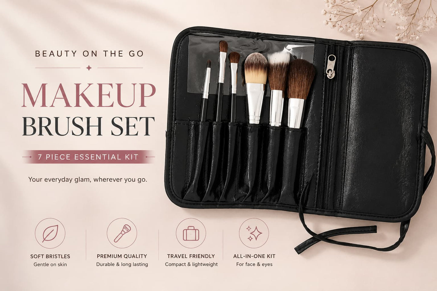 Professional 6-Piece Travel Makeup Brushes Set | Compact Roll-Up Pouch