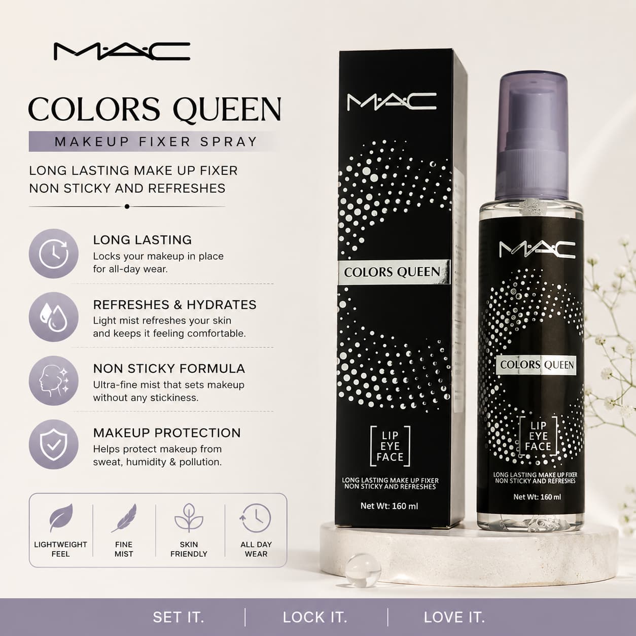 MAC Colors Queen Makeup Fixer 160ml – Long-Lasting Non-Sticky Setting Spray