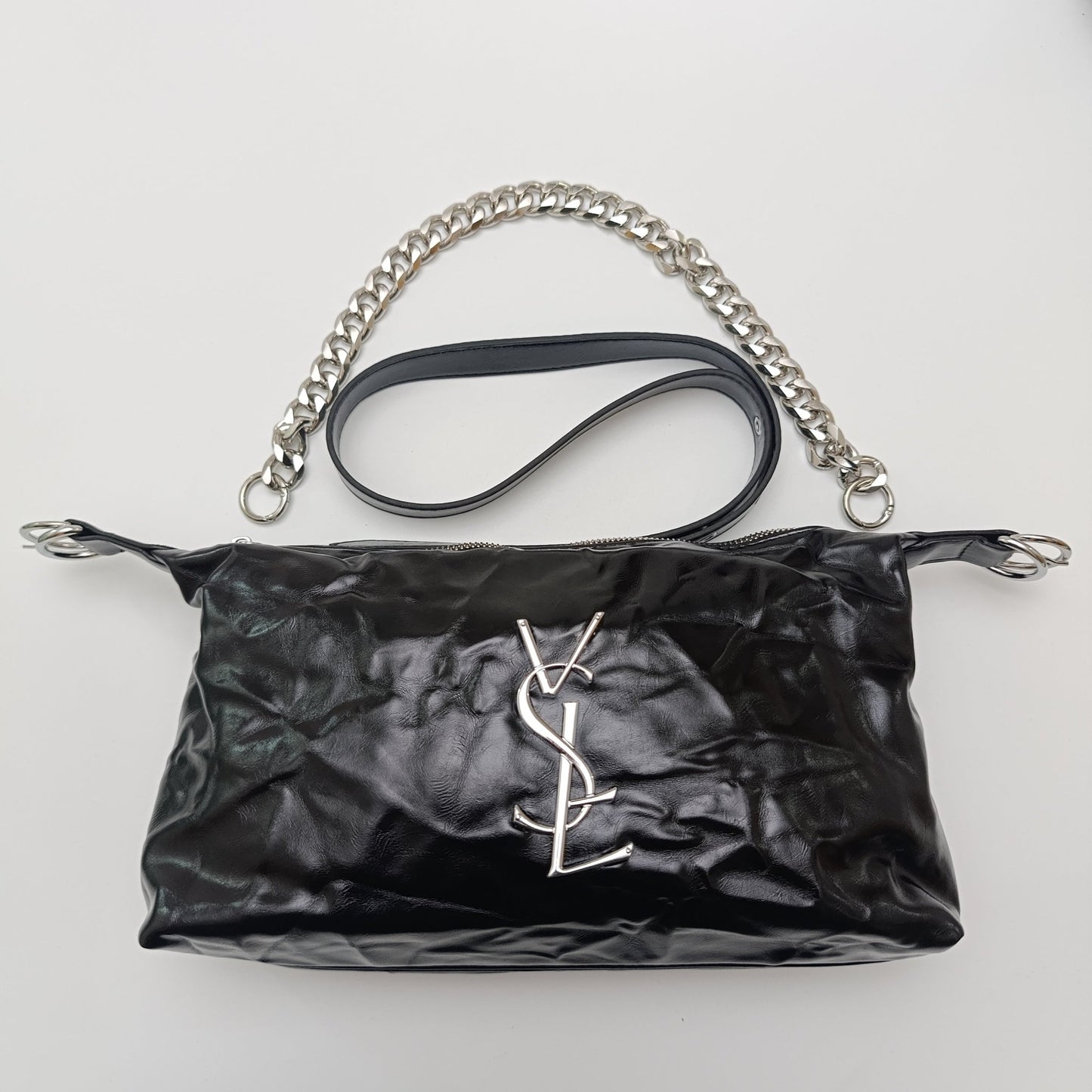 Black Glossy Chain Shoulder Bag – Luxury Silver Chain - 5645 - Lotshop.pk