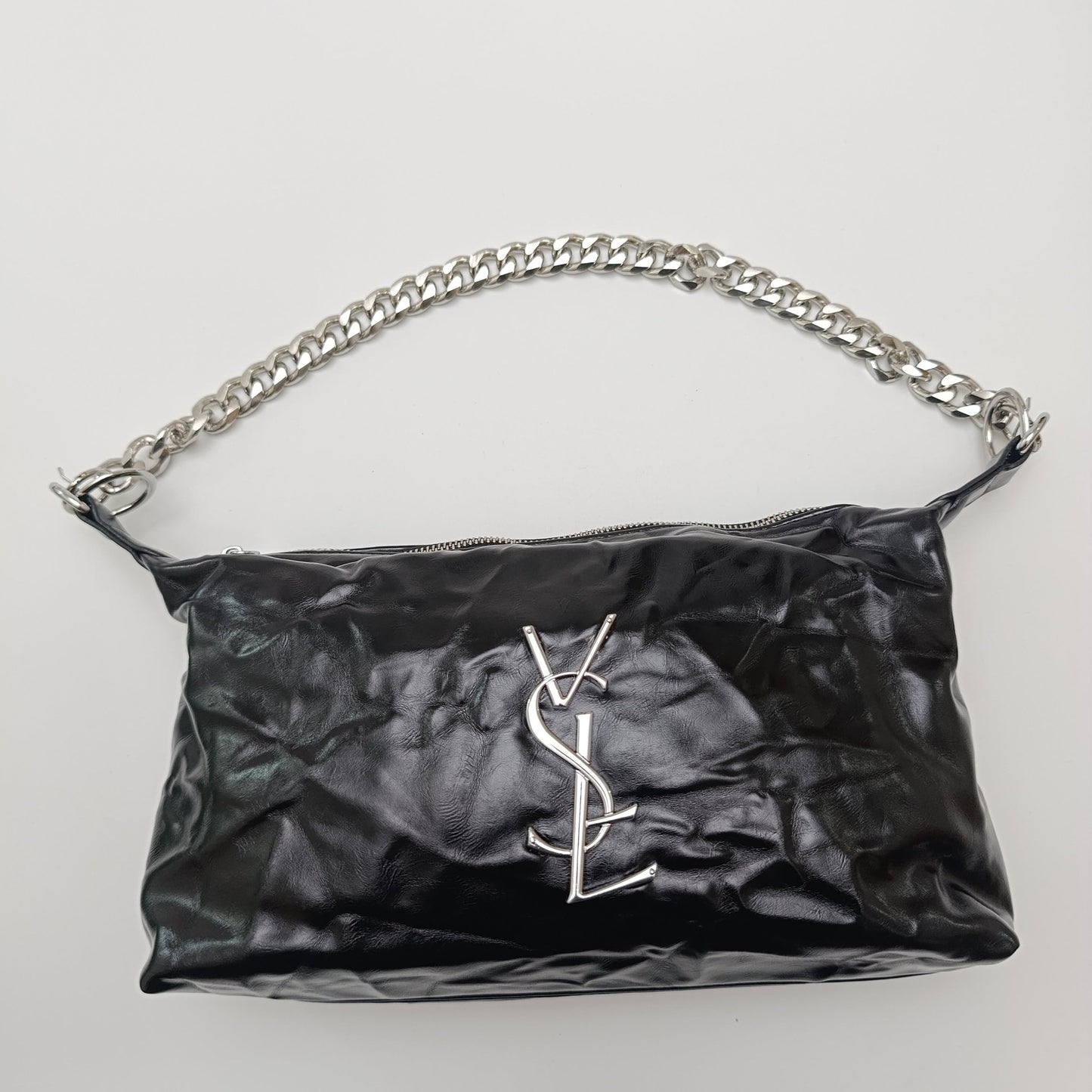 Black Glossy Chain Shoulder Bag – Luxury Silver Chain - 5645 - Lotshop.pk