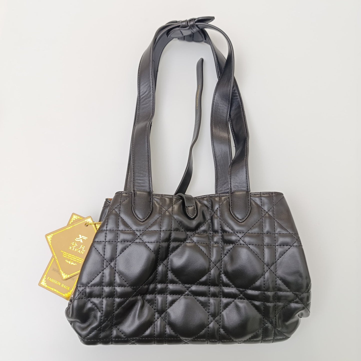 Black Quilted Tote Bag with Matching Pouch – Elegant PU Leather Shoulder Bag Set - Lotshop.pk
