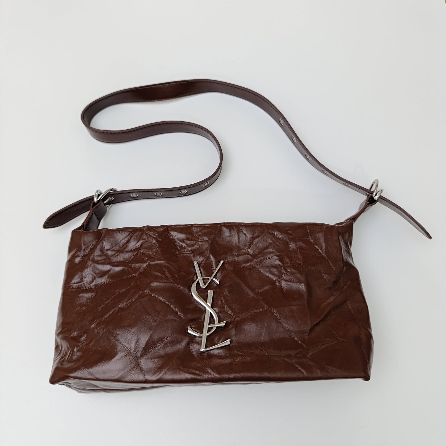 Brown Luxe Crinkle Faux Leather Shoulder Bag β Trendy YSL - Inspired Chain Strap Handbag πΌ - 5645 - Lotshop.pk