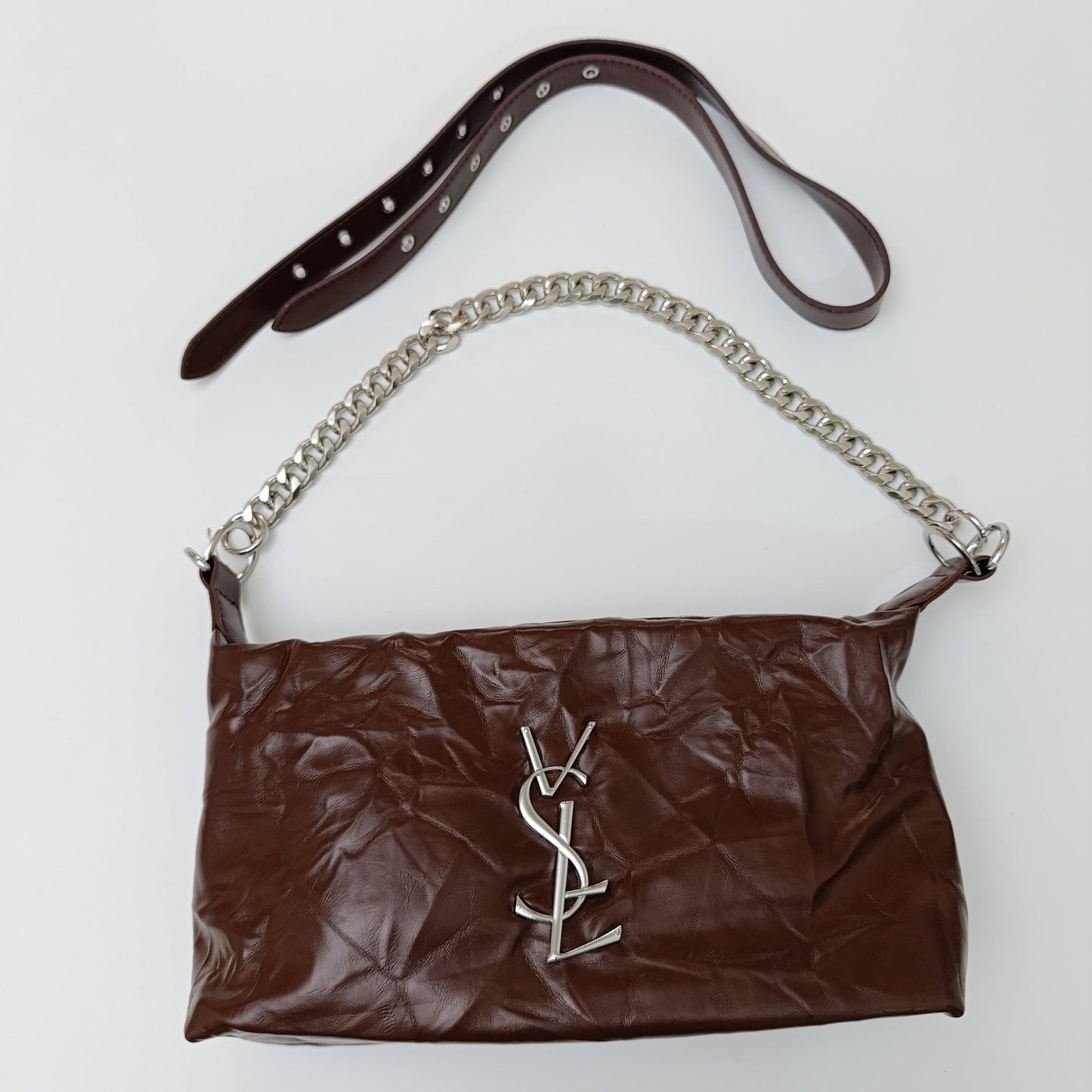 Brown Luxe Crinkle Faux Leather Shoulder Bag β Trendy YSL - Inspired Chain Strap Handbag πΌ - 5645 - Lotshop.pk