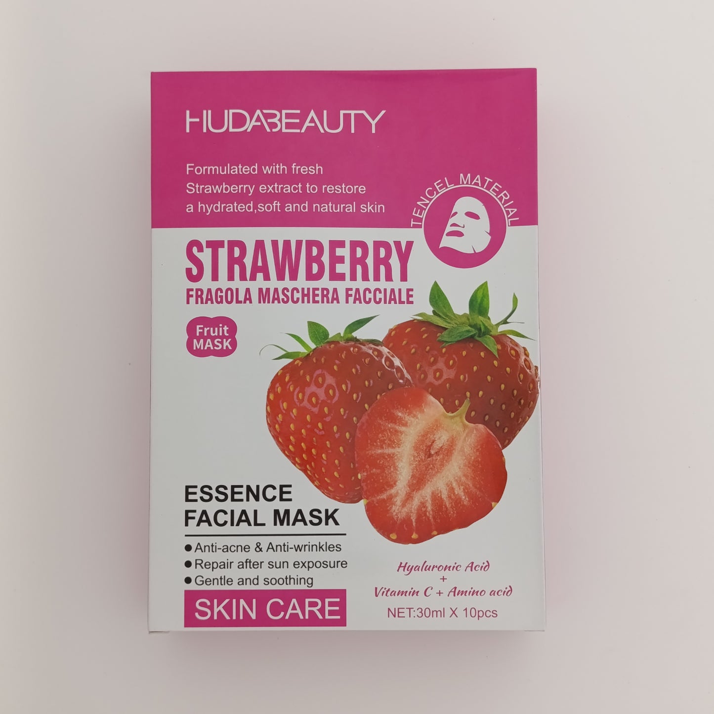 Huda Beauty Strawberry Essence Facial Mask – Hydrating, Whitening & Anti-Wrinkle 10 Pcs Pack