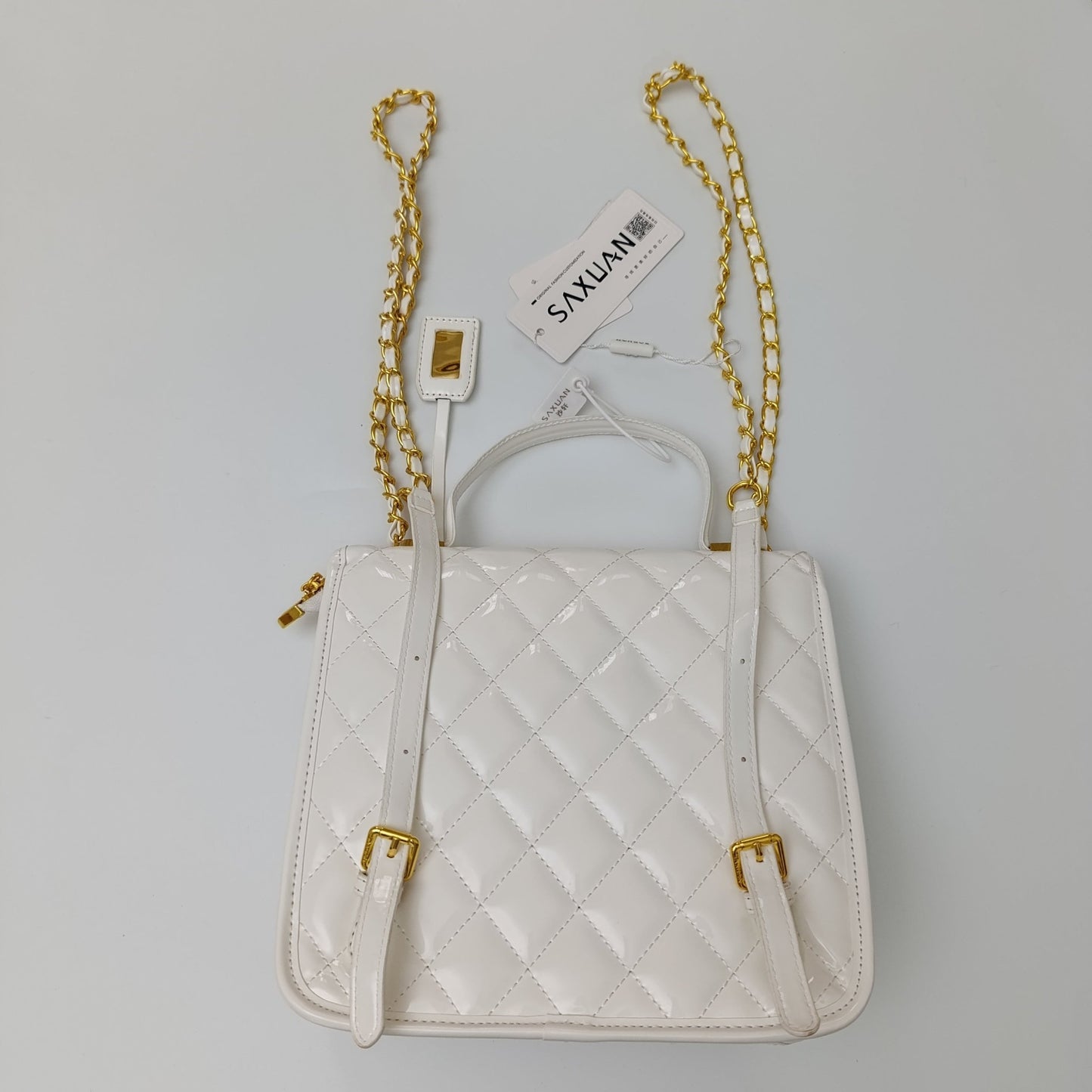 Saxuan White Quilted Patent Leather Handbag – Elegant Mini Shoulder Bag for Women - Lotshop.pk