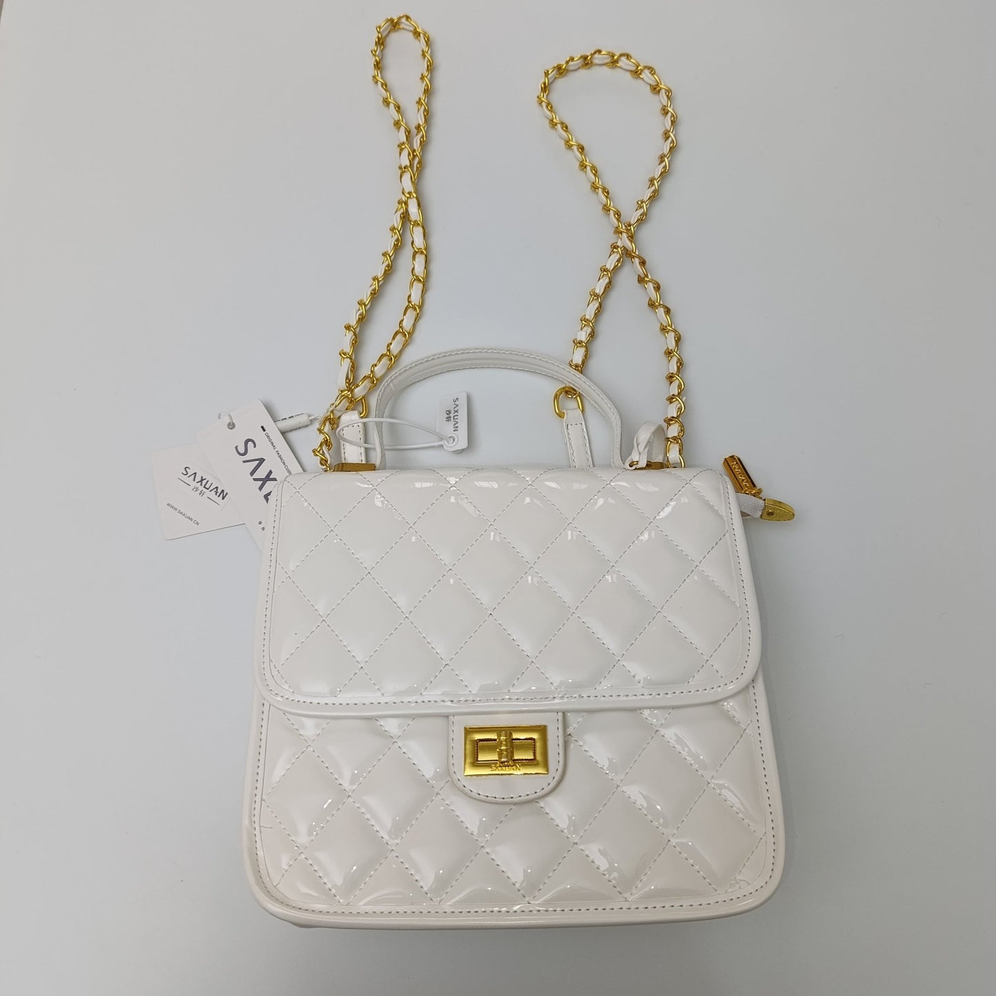 Saxuan White Quilted Patent Leather Handbag – Elegant Mini Shoulder Bag for Women - Lotshop.pk
