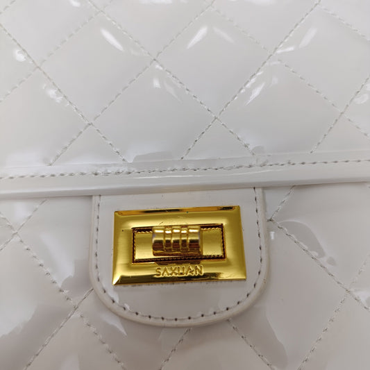 Saxuan White Quilted Patent Leather Handbag β Elegant Mini Shoulder Bag for Women - Lotshop.pk
