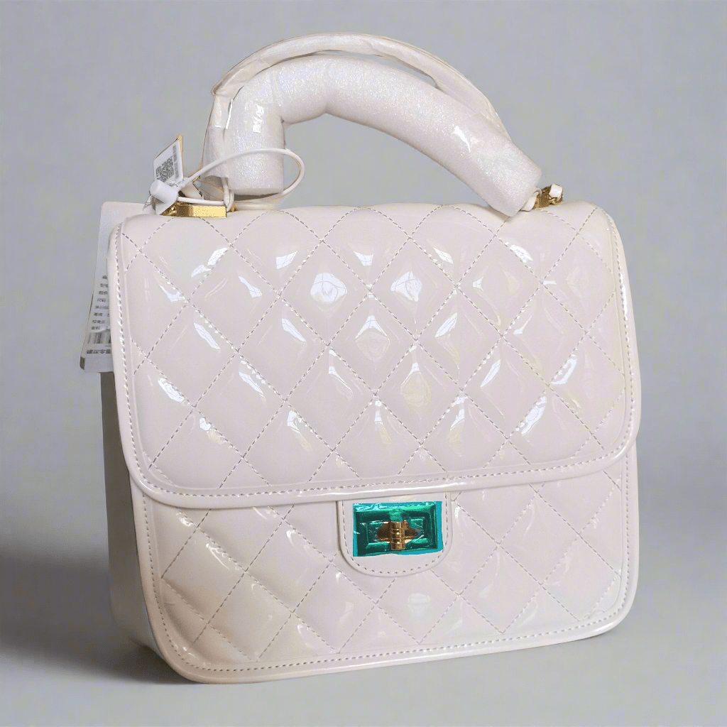 Saxuan White Quilted Patent Leather Handbag – Elegant Mini Shoulder Bag for Women - Lotshop.pk