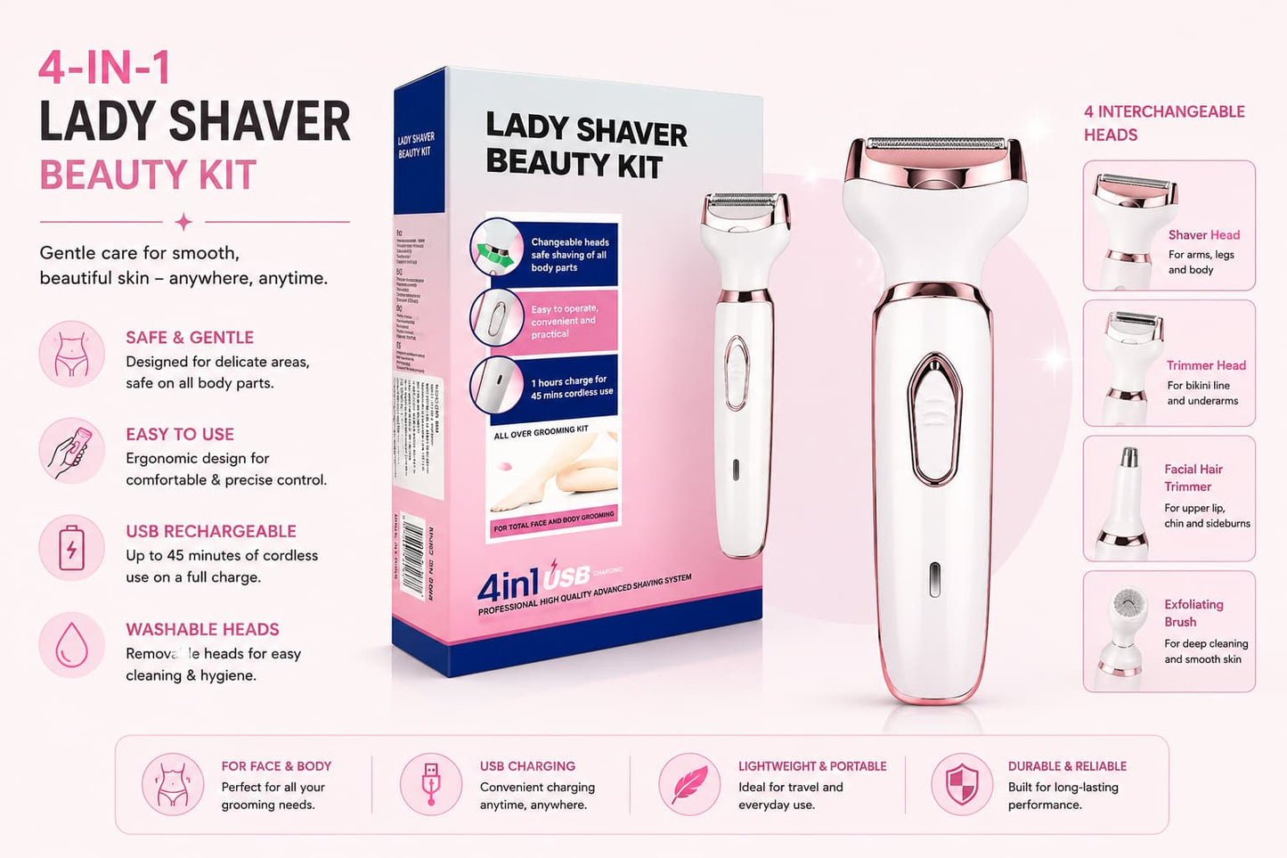 4-in-1 USB Rechargeable Lady Shaver Beauty Kit – Women's Hair Remover & Grooming Trimmer Pakistan