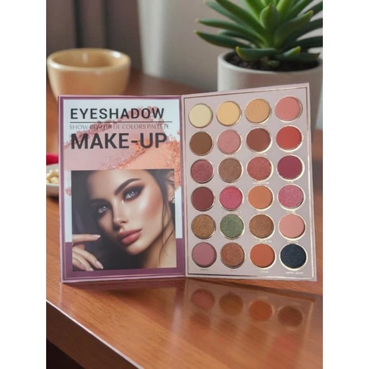 6-in-1 makeup palette with eyeshadow, blush, highlighter, contour, eyebrow shades and lip colors