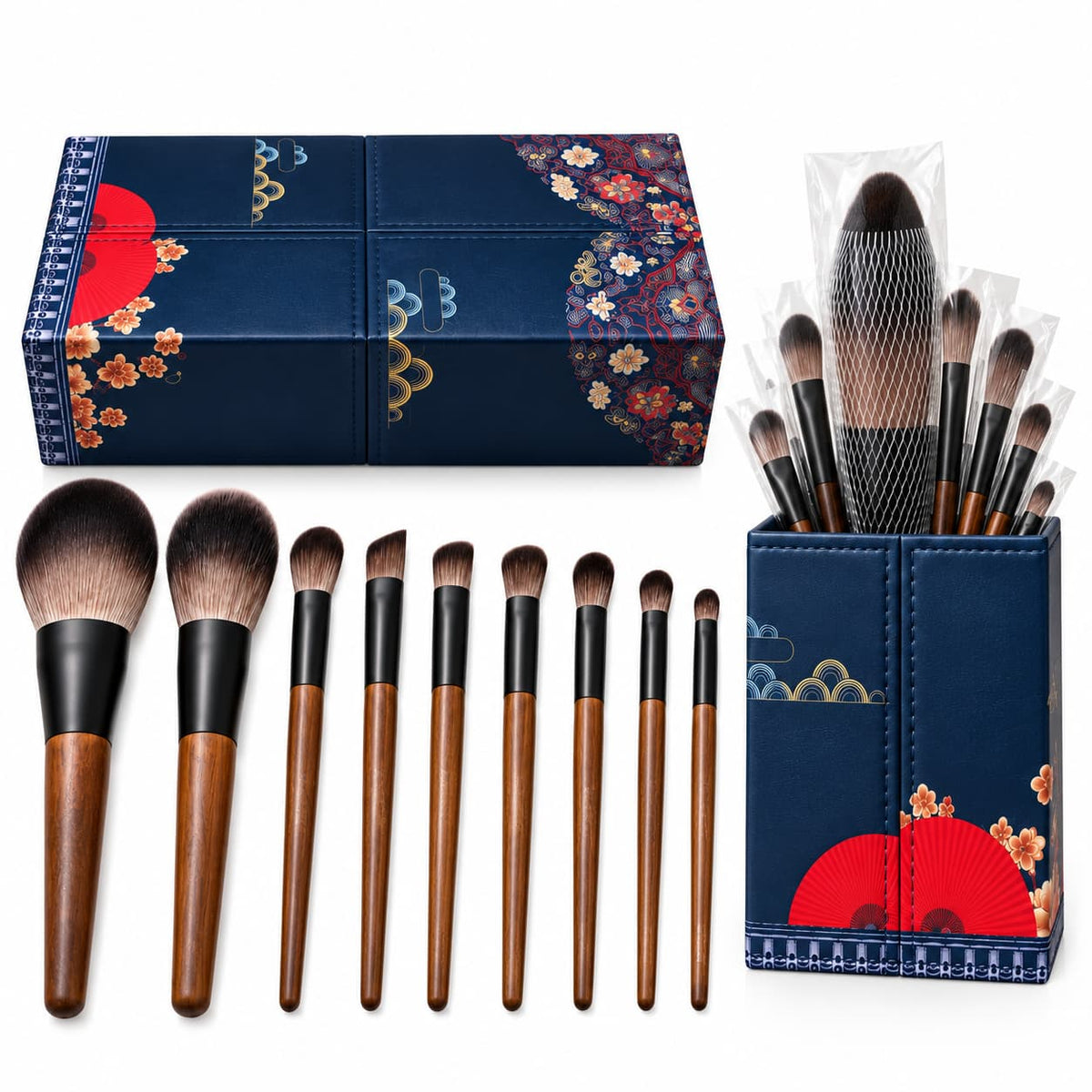 9-Piece Professional Makeup Brush Set with Wooden-Look Handles and Decorative Storage Box – Face & Eye Brushes Pakistan