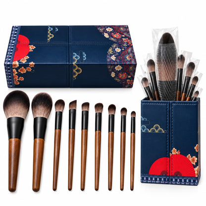9-Piece Professional Makeup Brush Set with Wooden-Look Handles and Decorative Storage Box – Face & Eye Brushes Pakistan