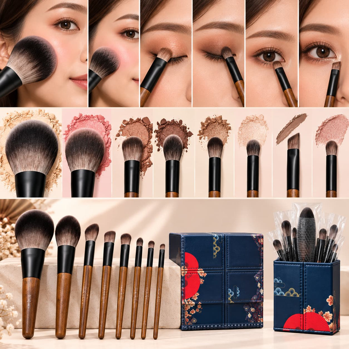 9-Piece Professional Makeup Brush Set with Wooden-Look Handles and Decorative Storage Box – Face & Eye Brushes Pakistan