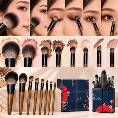 9-Piece Professional Makeup Brush Set with Wooden-Look Handles and Decorative Storage Box – Face & Eye Brushes Pakistan