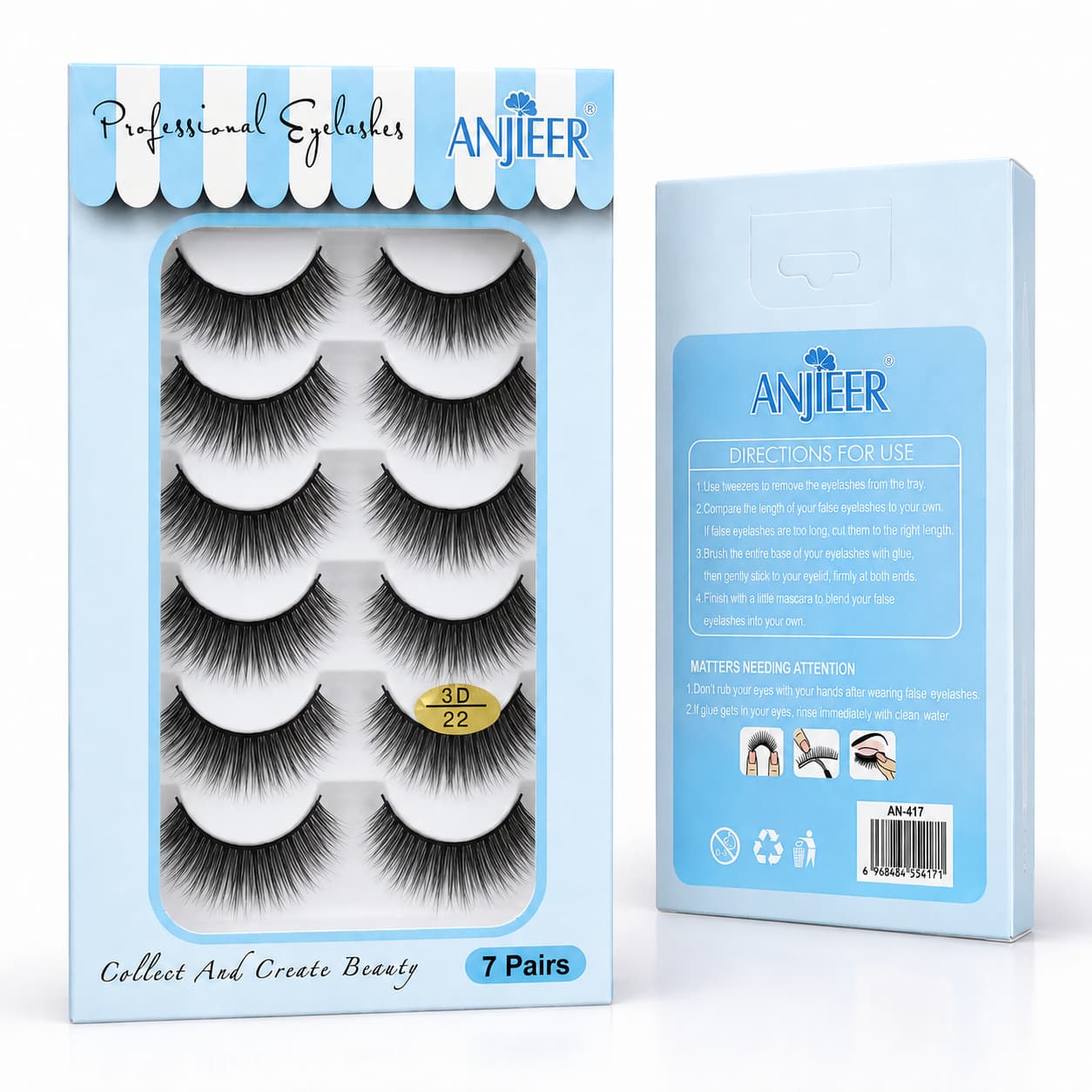 ANJIEER 3D False Eyelashes 7 Pairs – Natural Fluffy Voluminous Reusable Lashes