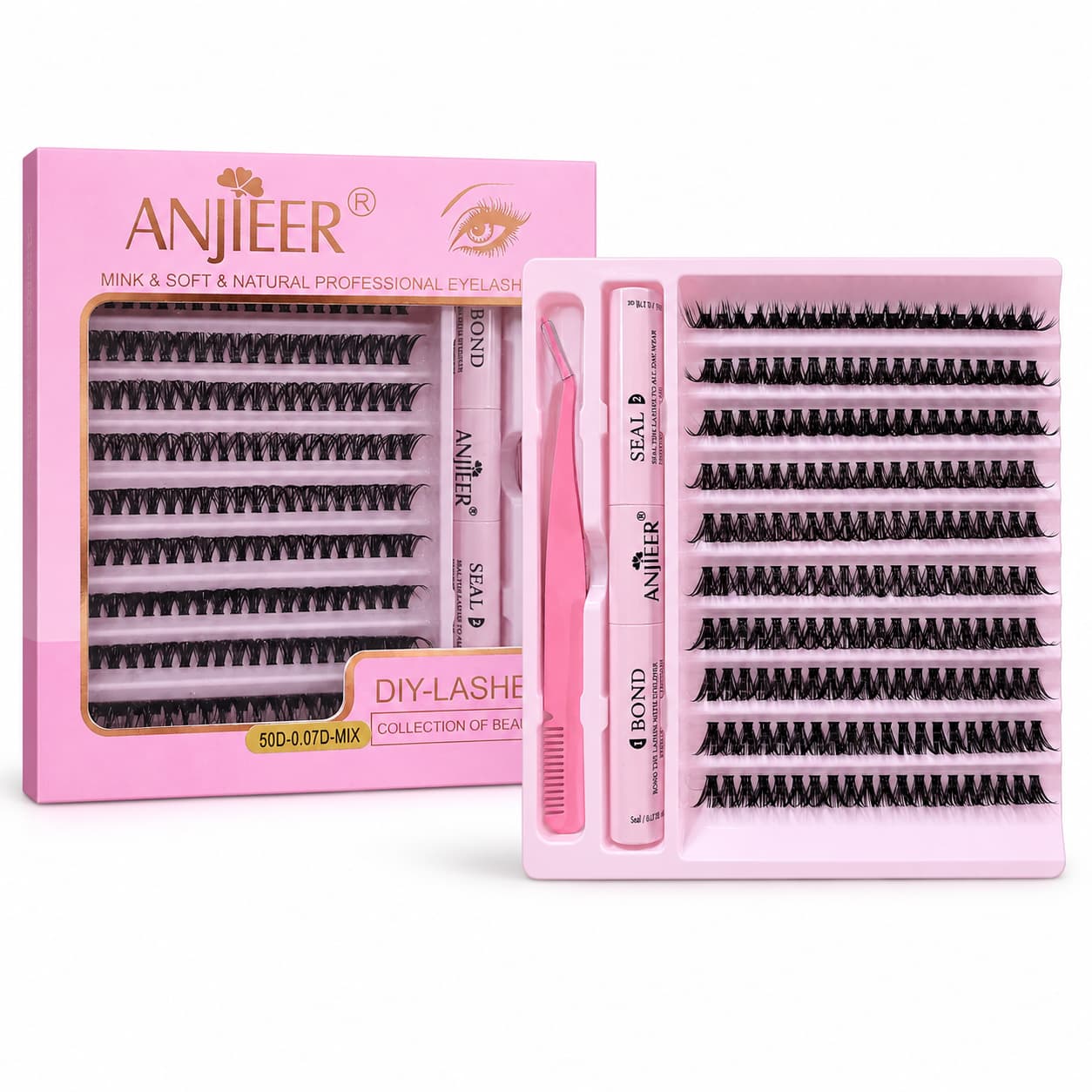 ANJIEER DIY Cluster Eyelashes Kit with Mixed Lashes, Bond, Seal & Tweezers – False Lashes Pakistan