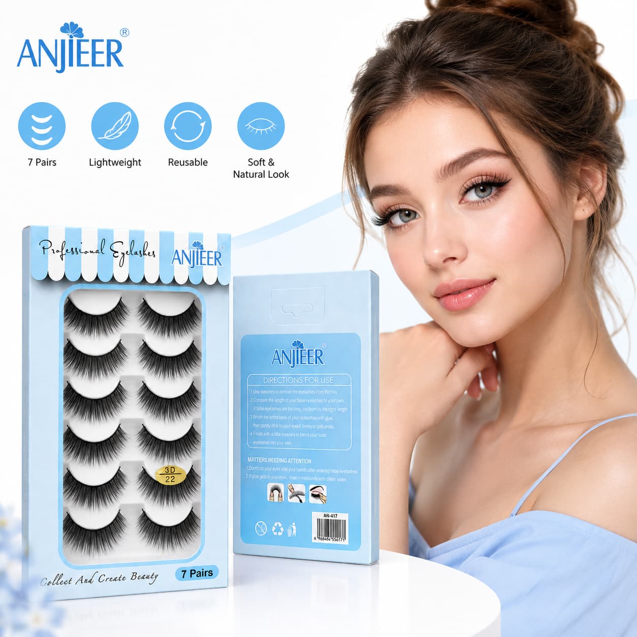 ANJIEER 3D False Eyelashes 7 Pairs – Natural Fluffy Voluminous Reusable Lashes