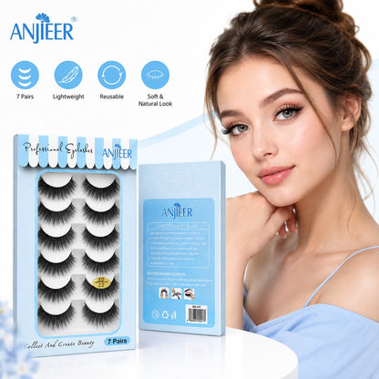 ANJIEER 3D False Eyelashes 7 Pairs – Natural Fluffy Voluminous Reusable Lashes