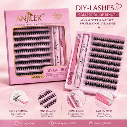 ANJIEER DIY Cluster Eyelashes Kit with Mixed Lashes, Bond, Seal & Tweezers – False Lashes Pakistan