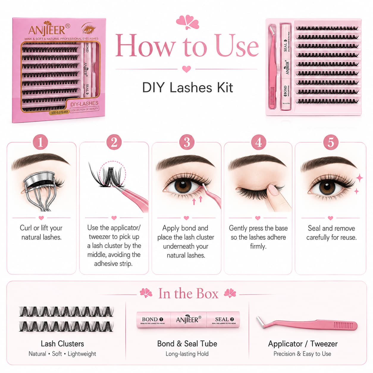 ANJIEER Professional DIY Cluster Eyelashes Kit – Mixed Lash Clusters with Bond & Seal