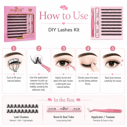 ANJIEER Professional DIY Cluster Eyelashes Kit – Mixed Lash Clusters with Bond & Seal