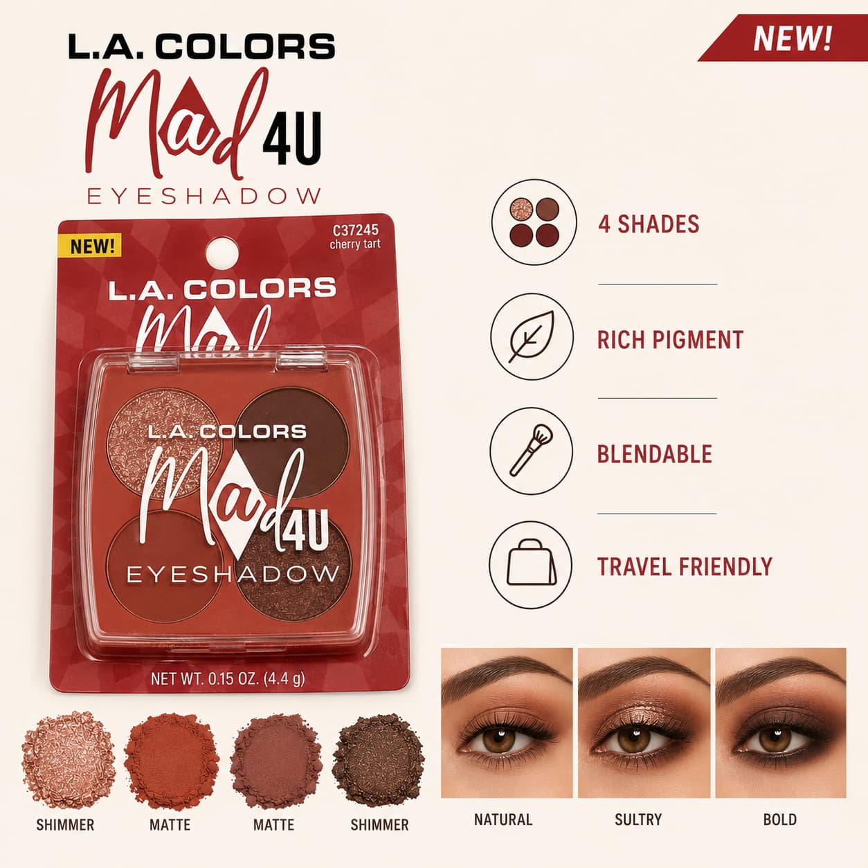 L.A. Colors Mad 4U Eyeshadow Quad – Cherry Tart (C37245)
