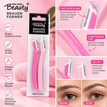 For Your Beauty Rossmann 2-Piece Pink Eyebrow Razor Set with Protective Covers for Eyebrow Shaping and Facial Hair Removal – Beauty Tools Pakistan