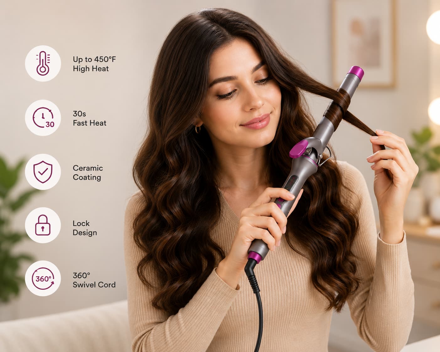 Professional Ceramic Hair Curling Iron with Clamp for Long-Lasting Curls and Waves