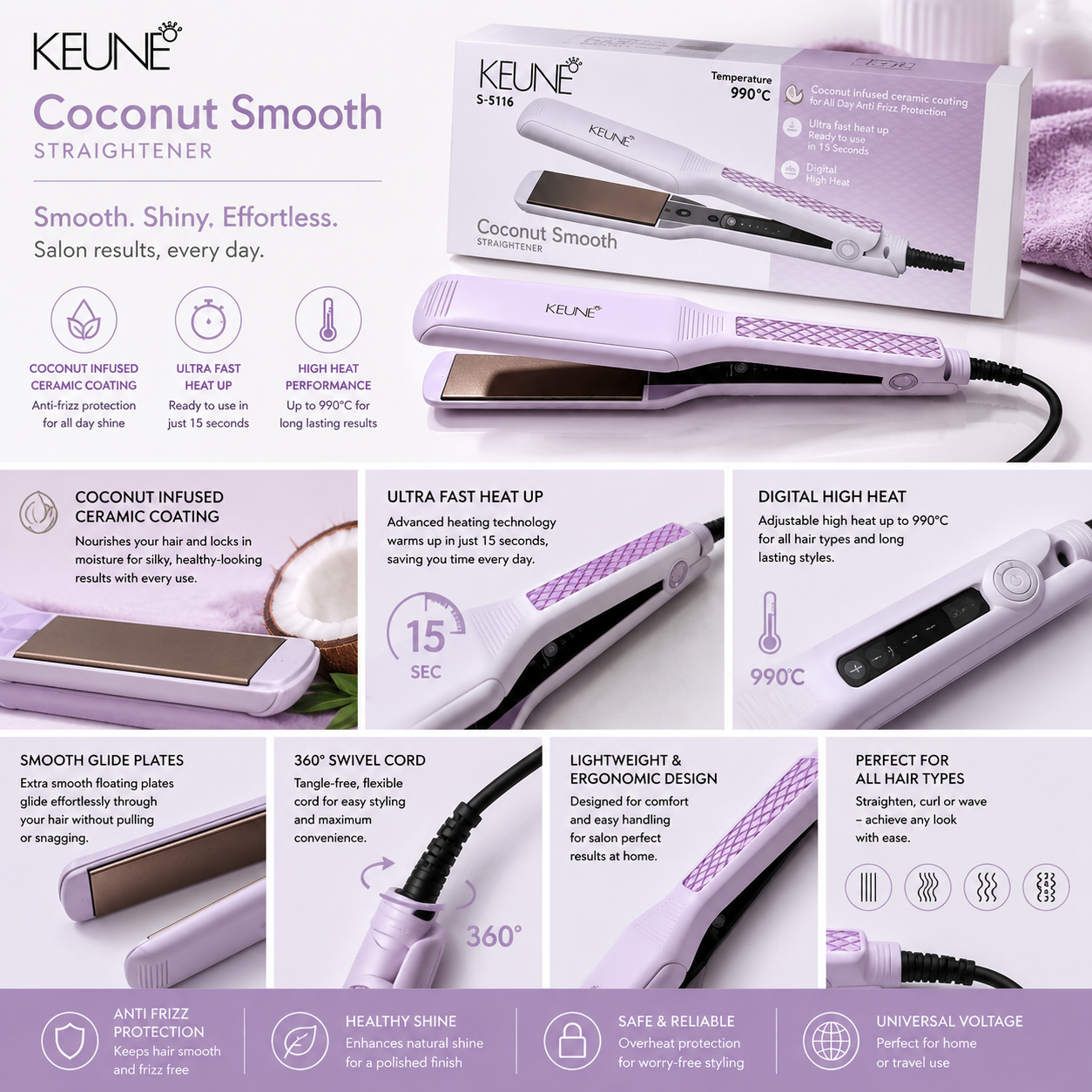 KEUNE Coconut Smooth Hair Straightener S-5116 – Ceramic Hair Straightener for Smooth & Frizz-Free Hair