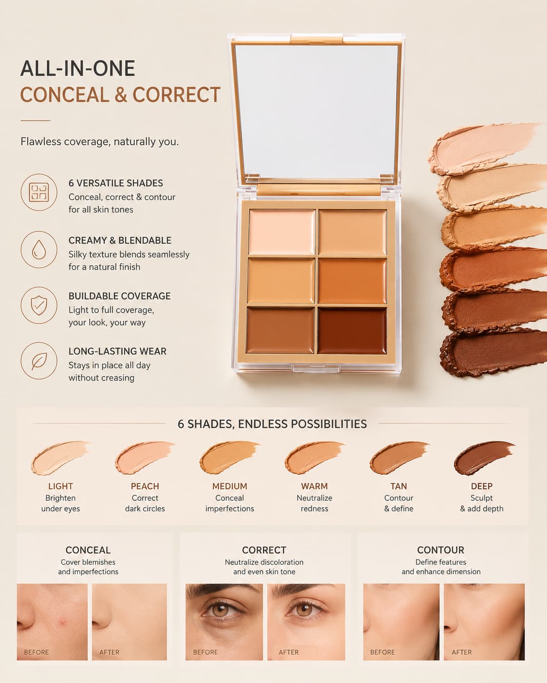 Beauty Creations Snatchural Cream Blend Highlight & Contour Palette – 6 Shade Cream Contour Kit