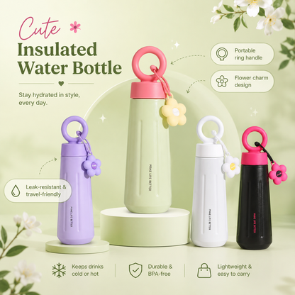Insulated Water Bottle 450ml with Flower Charm & Carry Ring – Cute Travel Bottle