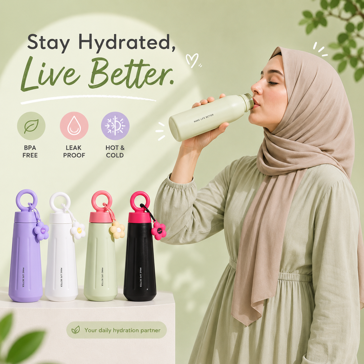 Insulated Water Bottle 450ml with Flower Charm & Carry Ring – Cute Travel Bottle