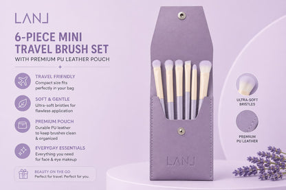 LANJ 6-Piece Mini Travel Makeup Brush Set with Premium PU Leather Pouch
