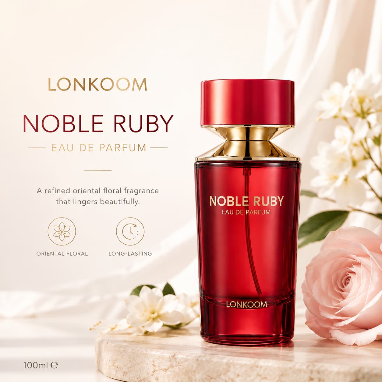 LONKOOM Noble Ruby Eau De Parfum 100ml – Long-Lasting Oriental Floral Fragrance