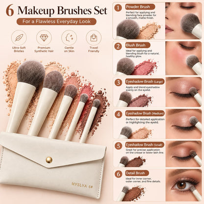 MYSLYA 6-Piece Face and Eye Makeup Brush Set with Ivory White Handles and Cream Storage Pouch – Makeup Brushes Pakistan