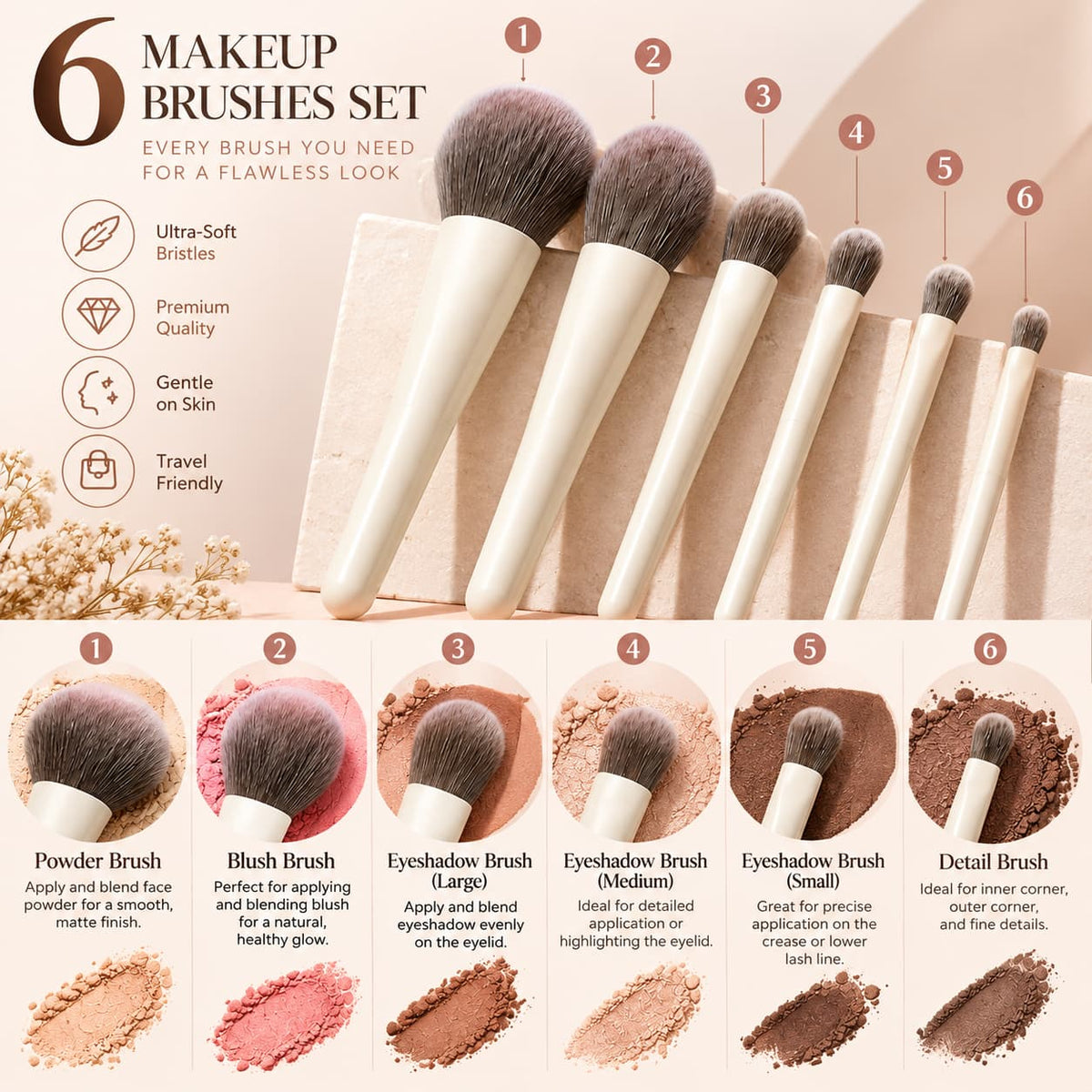 MYSLYA 6-Piece Face and Eye Makeup Brush Set with Ivory White Handles and Cream Storage Pouch – Makeup Brushes Pakistan