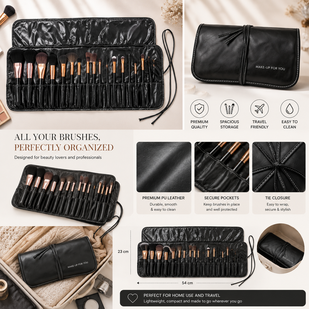 Premium Makeup Brush Holder Roll-Up Case – 33 Slot Professional Brush Organizer