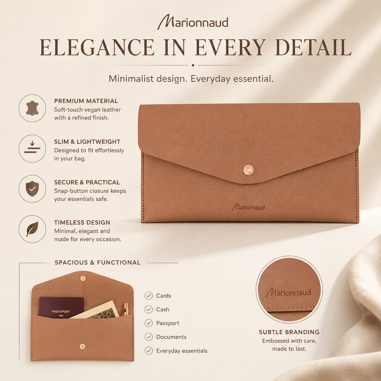 Marionnaud Paris Luxury Leather Brush Clutch – Metallic Rose Gold Pouch