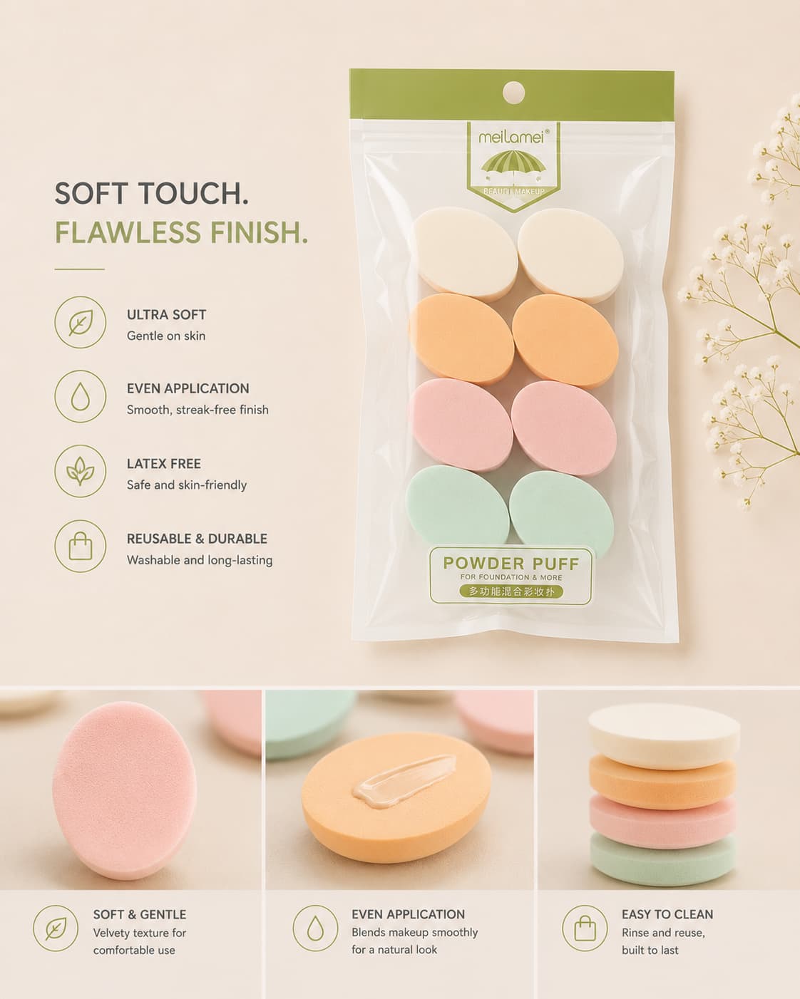 MeiLamei 8-Piece Soft Makeup Powder Puff Set – Multi-Color Foundation & Compact Powder Sponges