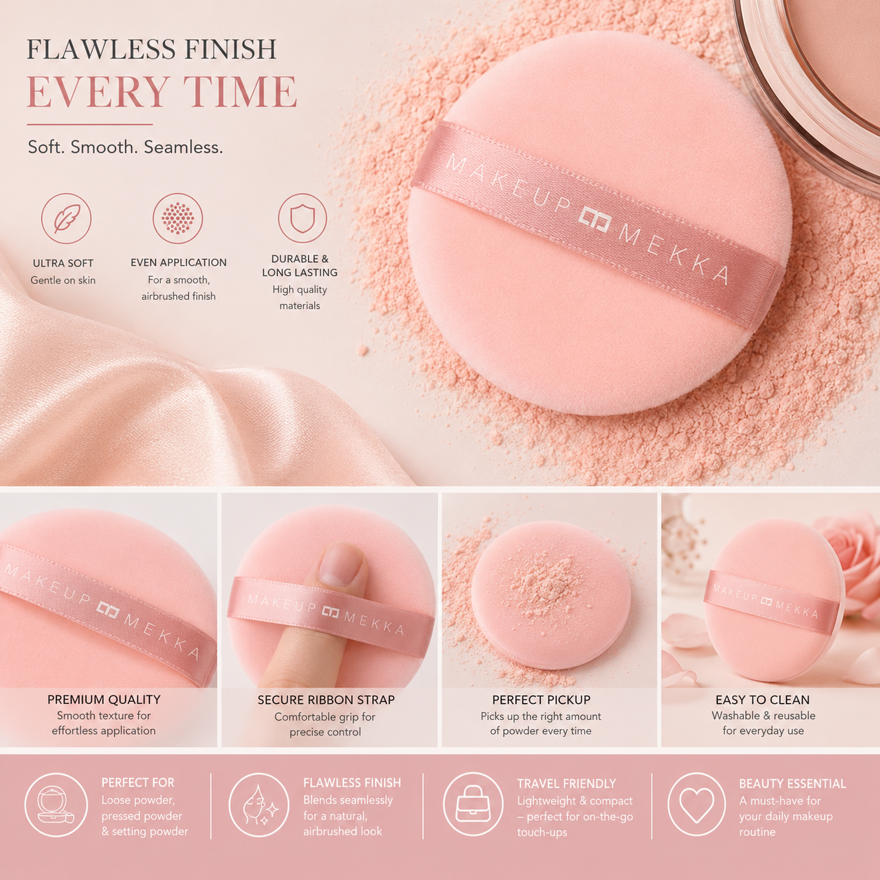 Makeup Mekka Velour Powder Puff – Soft Makeup Powder Puff for Flawless Powder Application