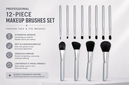 Professional 12-Piece Silver Makeup Brushes Set – Premium Face & Eye Brushes