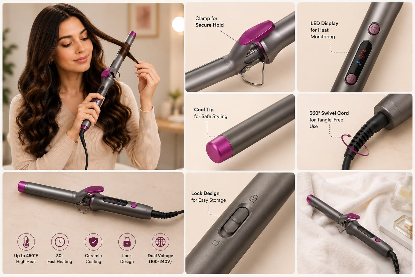 Professional Ceramic Hair Curling Iron – Fast Heating Curling Wand for Long-Lasting Curls & Waves