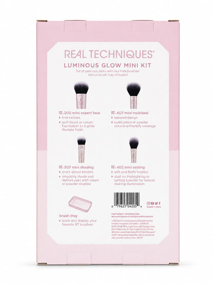 Real Techniques Luminous Glow Mini 5-Piece Makeup Brush Set with Storage Tray for Foundation, Powder & Eyeshadow