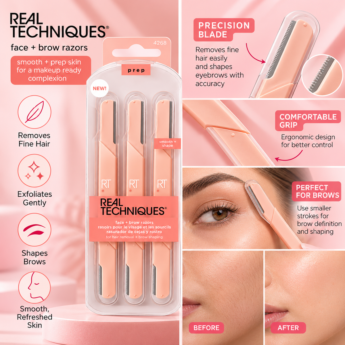 Real Techniques Face & Brow Razors 3-Piece Pink Facial Hair Remover Set with Protective Covers for Eyebrow Shaping – Beauty Tools Pakistan
