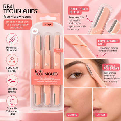Real Techniques Face & Brow Razors 3-Piece Pink Facial Hair Remover Set with Protective Covers for Eyebrow Shaping – Beauty Tools Pakistan