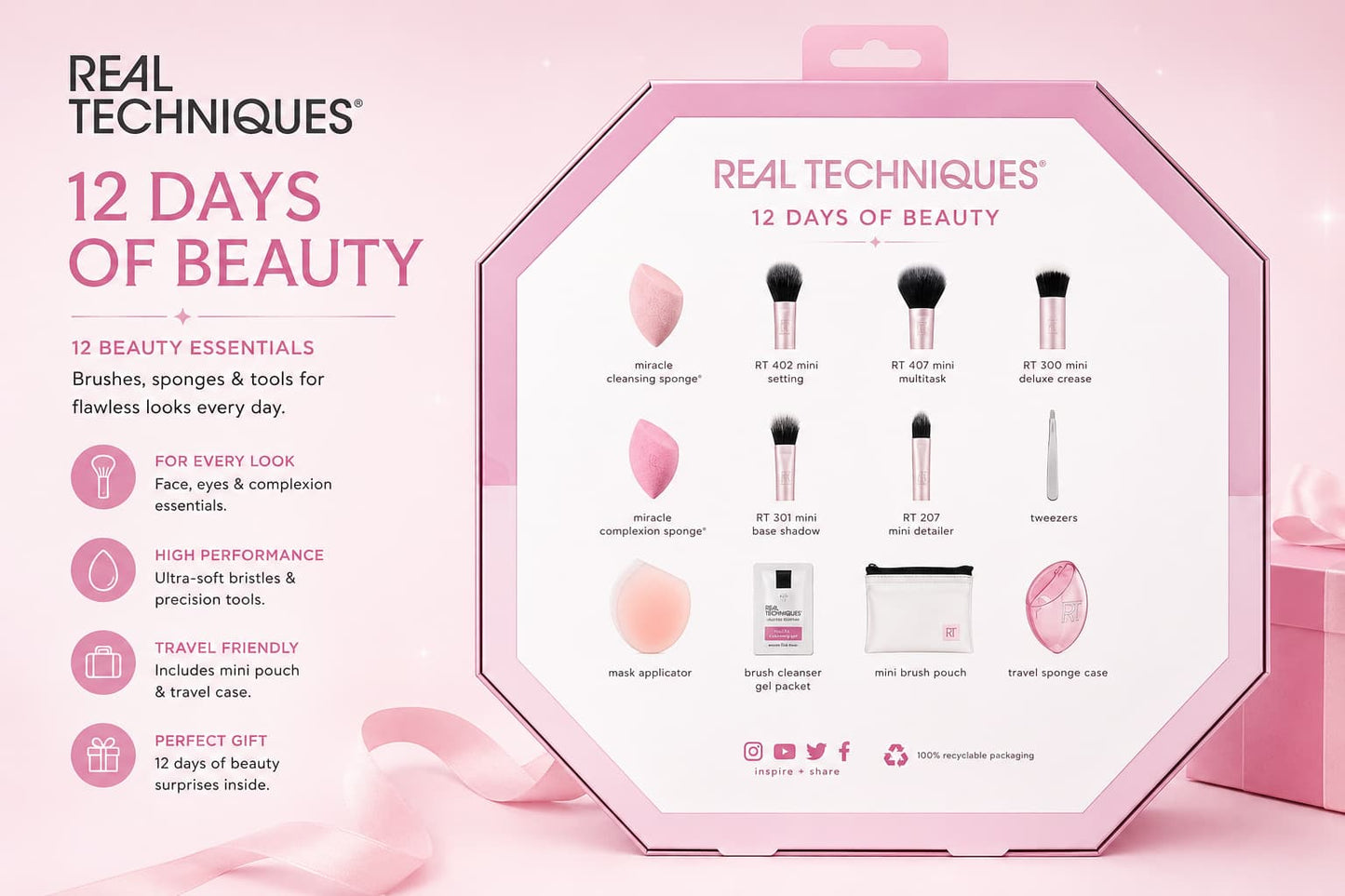 Real Techniques 12 Days of Beauty Gift Set – 12-Pcs Makeup Brushes & Sponges