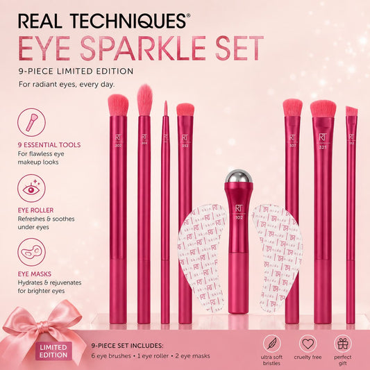 Real Techniques Eye Sparkle Set – 9-Piece Limited Edition Eye Makeup Brush Gift Set with Eye Roller & Eye Masks