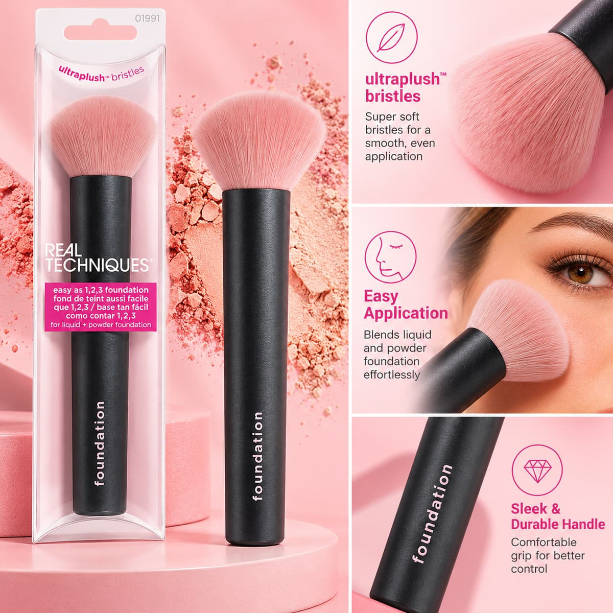 Real Techniques Foundation Brush with Soft Pink Bristles and Black Handle for Liquid and Powder Foundation – Makeup Brushes Pakistan
