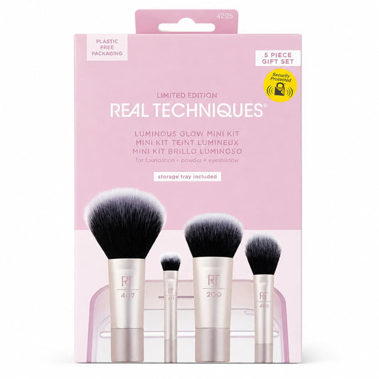 Real Techniques Luminous Glow Mini 5-Piece Makeup Brush Set with Storage Tray for Foundation, Powder & Eyeshadow
